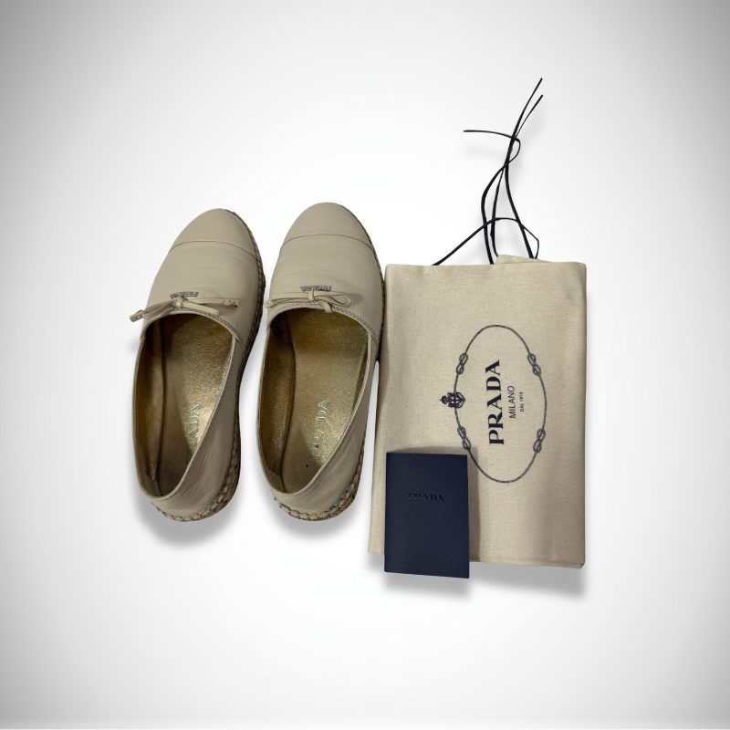 Prada Vintage Leather Bow Espadrille Beige Flats 37 alternate view