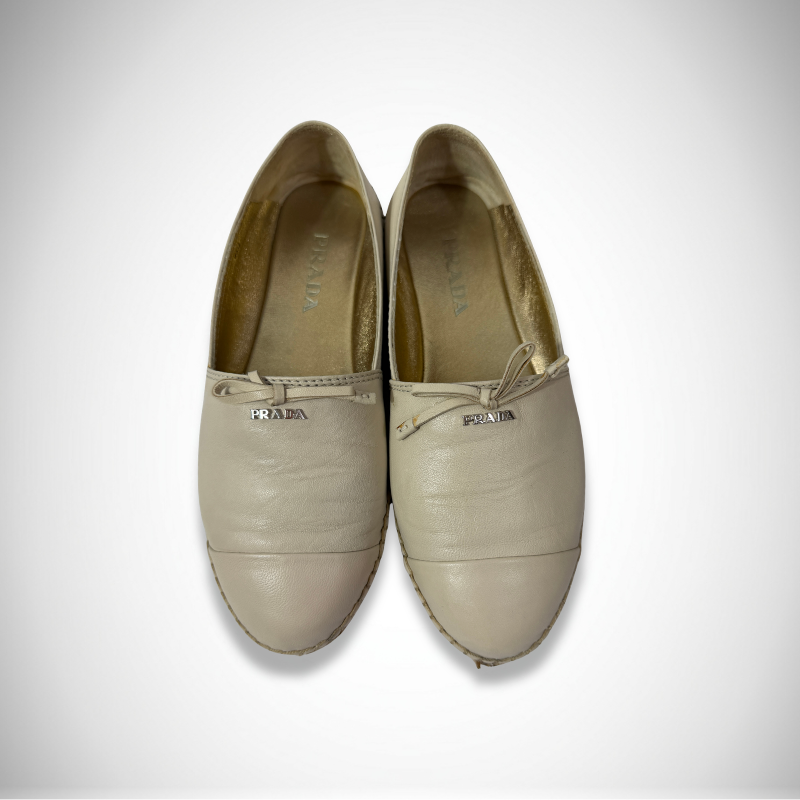 Prada Vintage Leather Bow Espadrille Beige Flats thumbnail