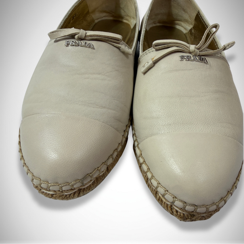 Prada Vintage Leather Bow Espadrille Beige Flats thumbnail