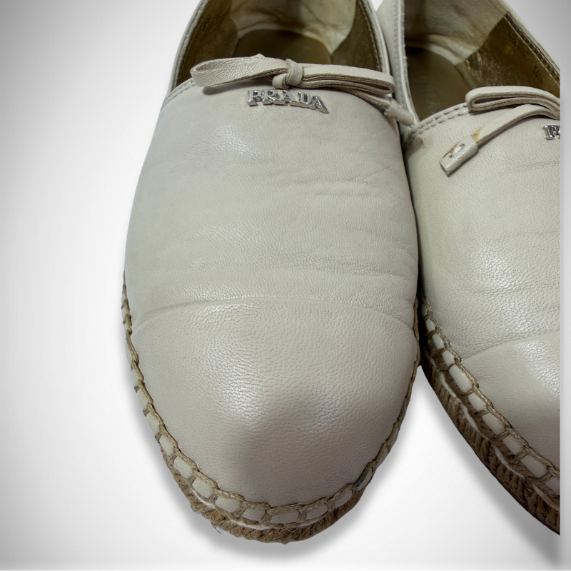 Prada Vintage Leather Bow Espadrille Beige Flats thumbnail