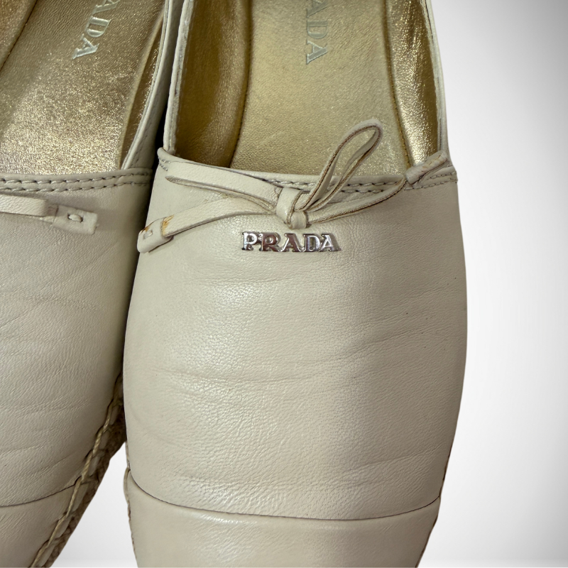 Prada Vintage Leather Bow Espadrille Beige Flats thumbnail