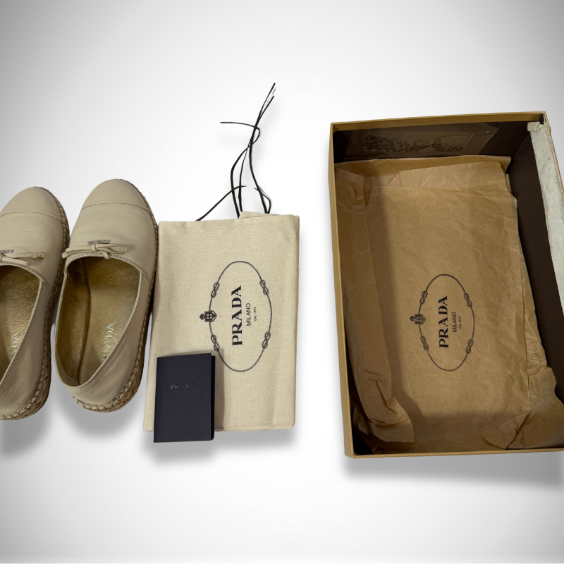 Prada Vintage Leather Bow Espadrille Beige Flats thumbnail