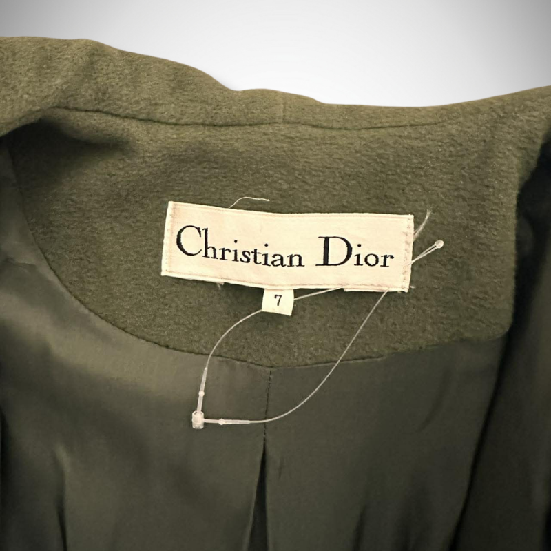 Christian Dior Vintage Olive Green Wool Shawl Collar Coat with CD Logo Buttons alternate view