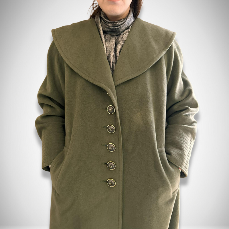 Christian Dior Vintage Olive Green Wool Shawl Collar Coat with CD Logo Buttons thumbnail