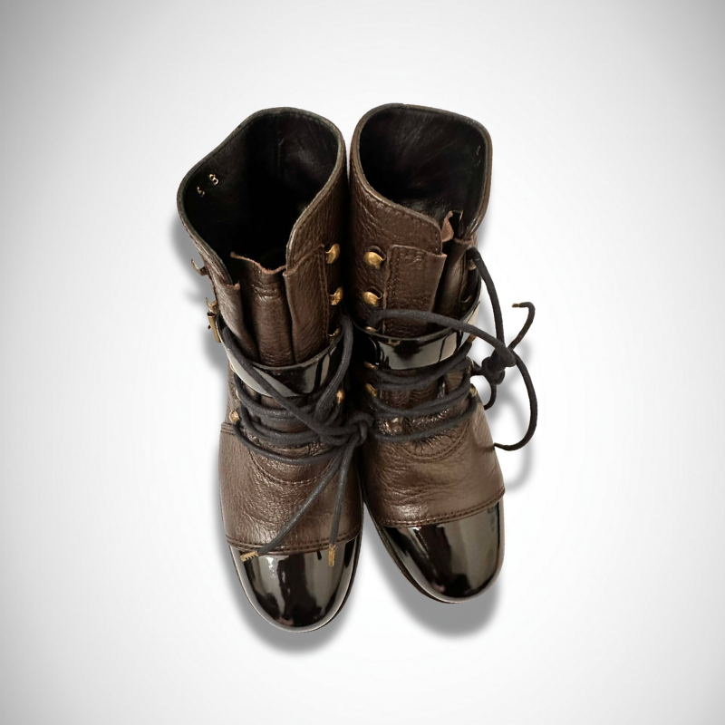 Chanel Grained Leather Patent Cap-Toe Combat Ankle Boots thumbnail