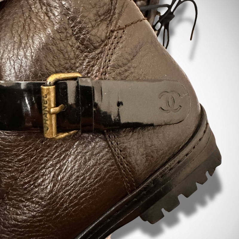 Chanel Grained Leather Patent Cap-Toe Combat Ankle Boots thumbnail
