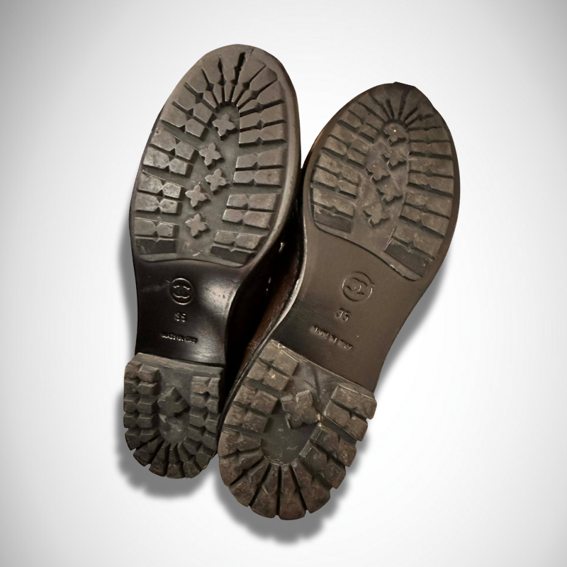 Chanel Grained Leather Patent Cap-Toe Combat Ankle Boots thumbnail