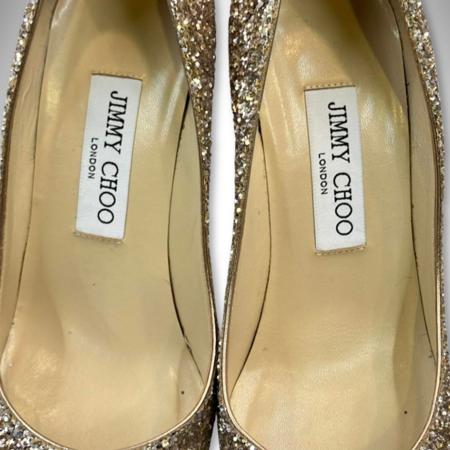 Jimmy Choo Romy 85 Champagne Coarse Glitter Pumps Pointe Toe Stiletto Heel thumbnail