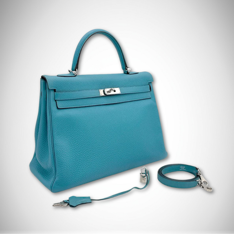 Hermès Kelly 35 Retourne in Turquoise Togo Leather Palladium Hardware Square R stamp (2014)