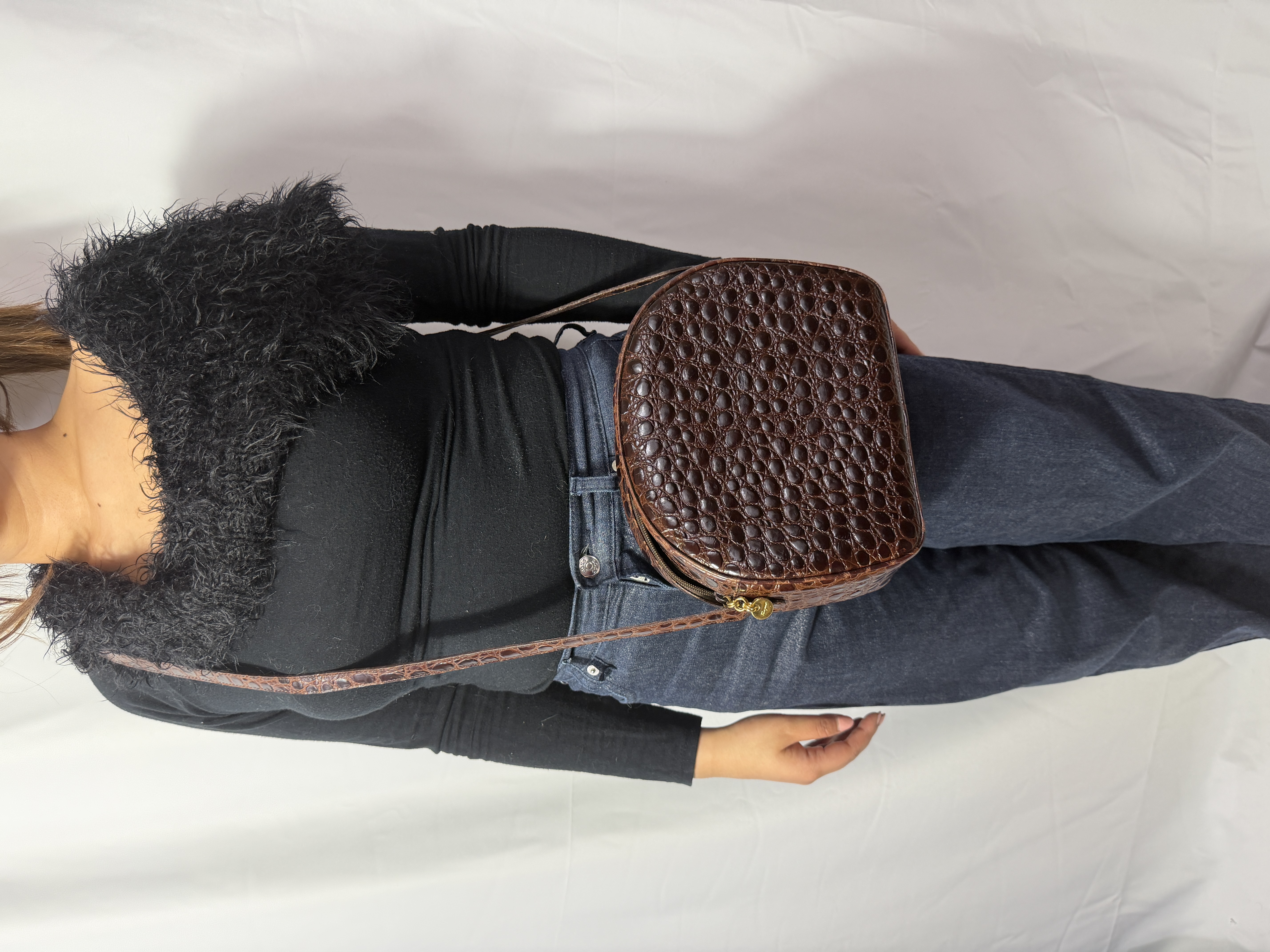 Vintage Ferragamo Vara Croc-Embossed Leather Half-Moon Crossbody Bag thumbnail