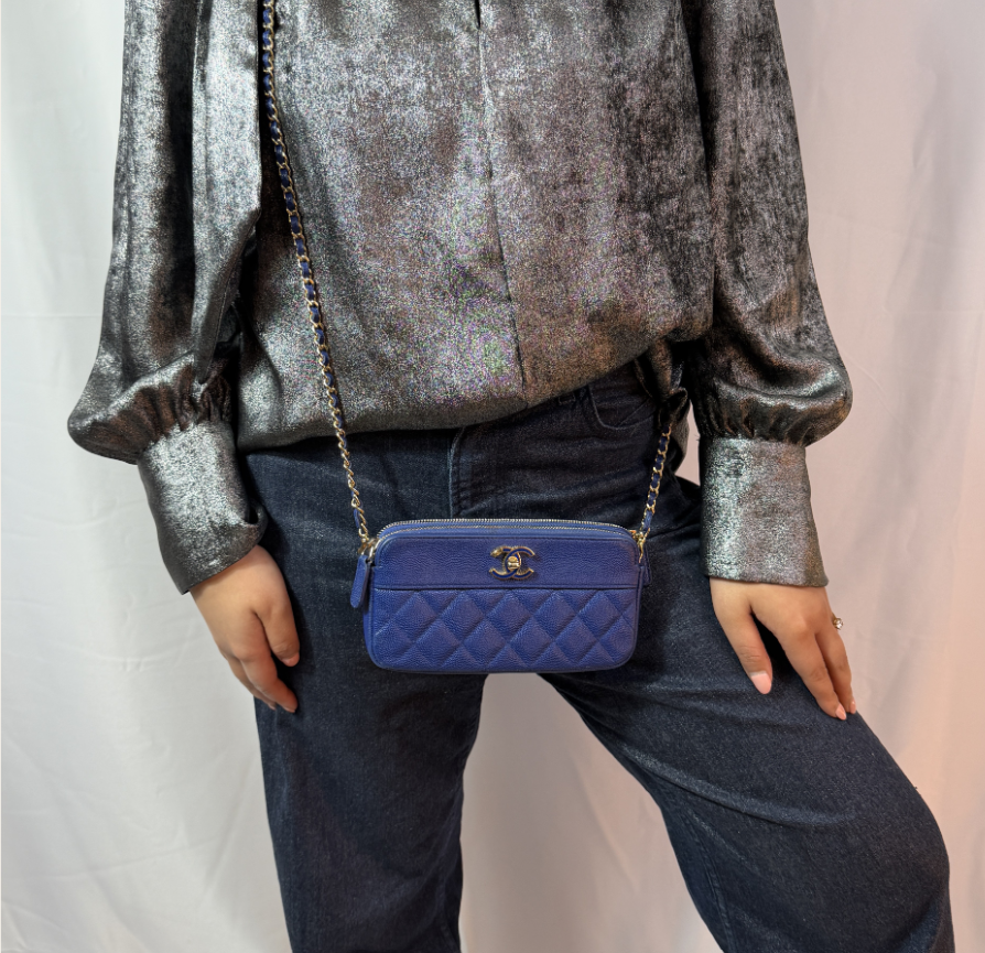Chanel Archival Caviar Quilted Small Clutch in Light Blue thumbnail