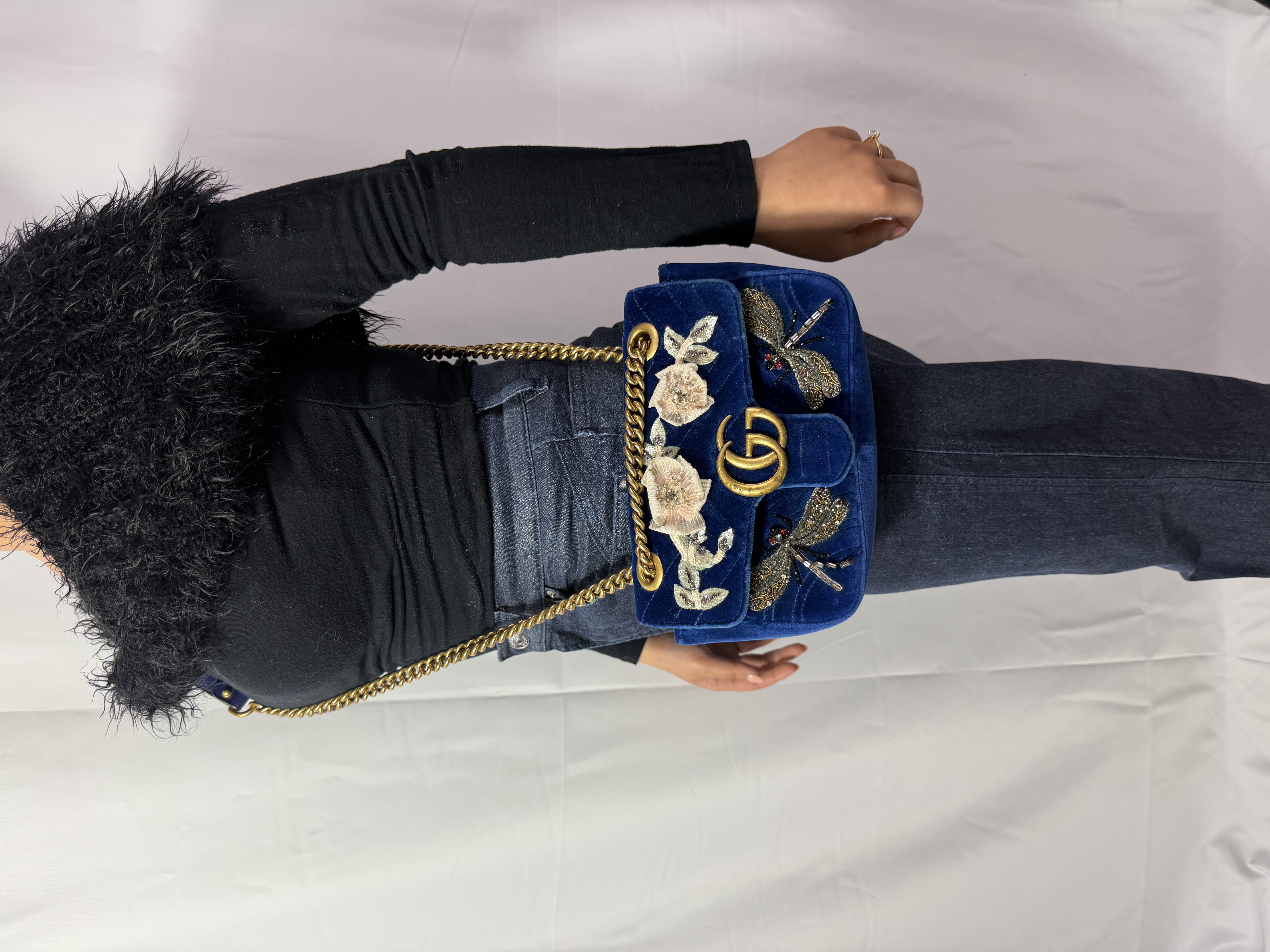 Gucci Velvet Matelassé Embroidered Mini GG Marmont Shoulder Bag thumbnail