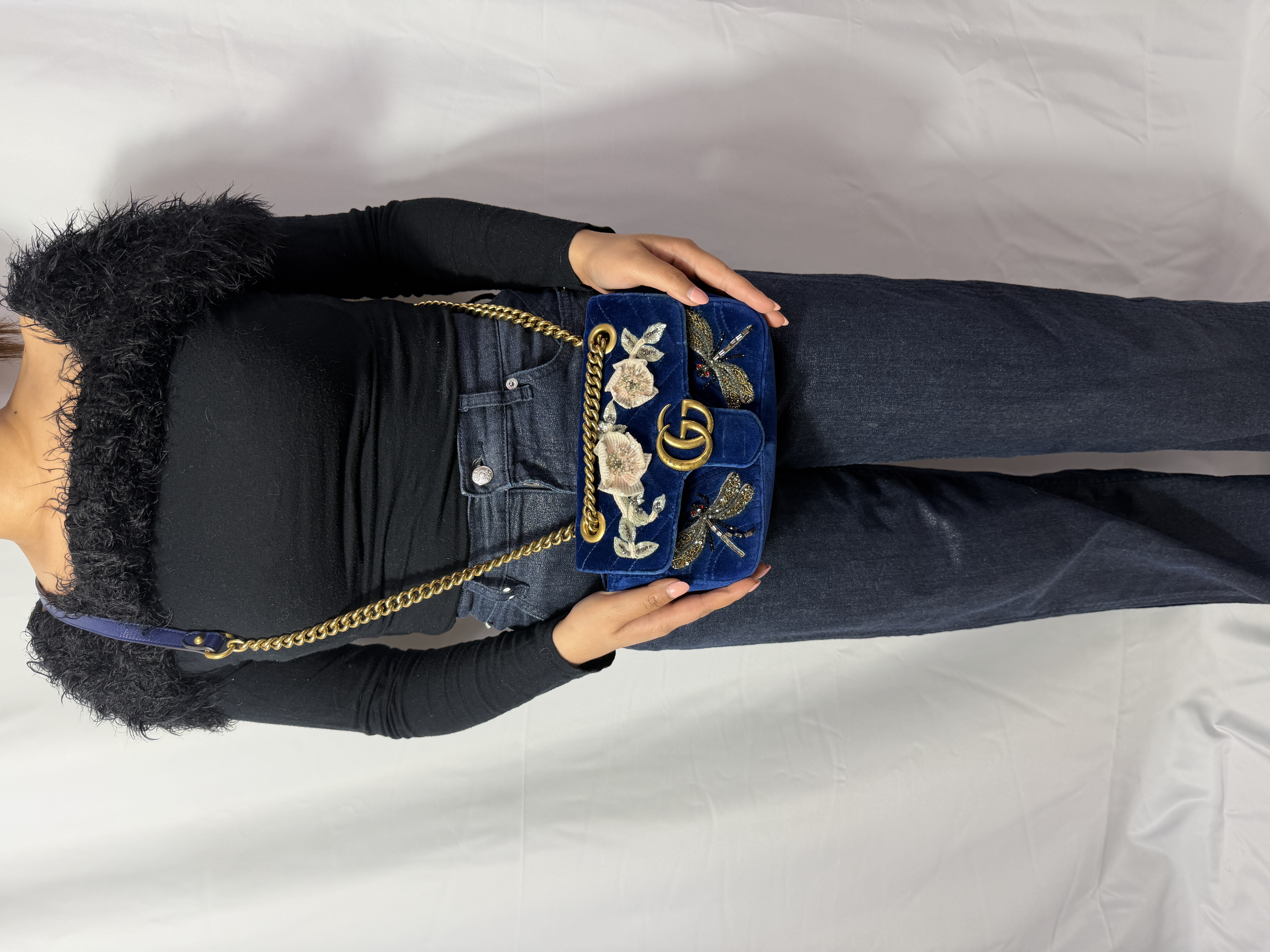 Gucci Velvet Matelassé Embroidered Mini GG Marmont Shoulder Bag thumbnail