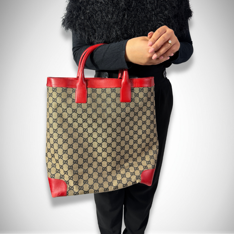 Gucci Vintage GG Supreme Canvas Tote Bag with Red Leather Trim thumbnail