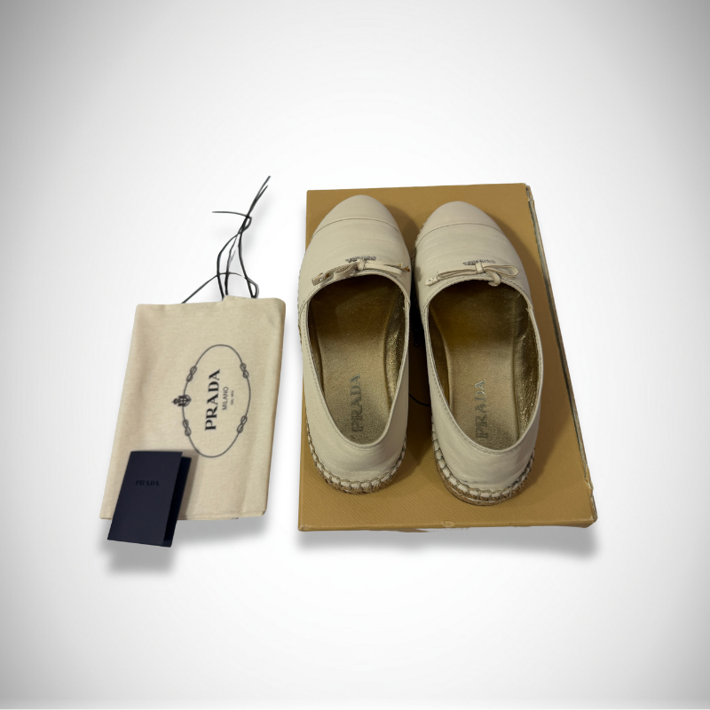 Prada Vintage Leather Bow Espadrille Beige Flats 37