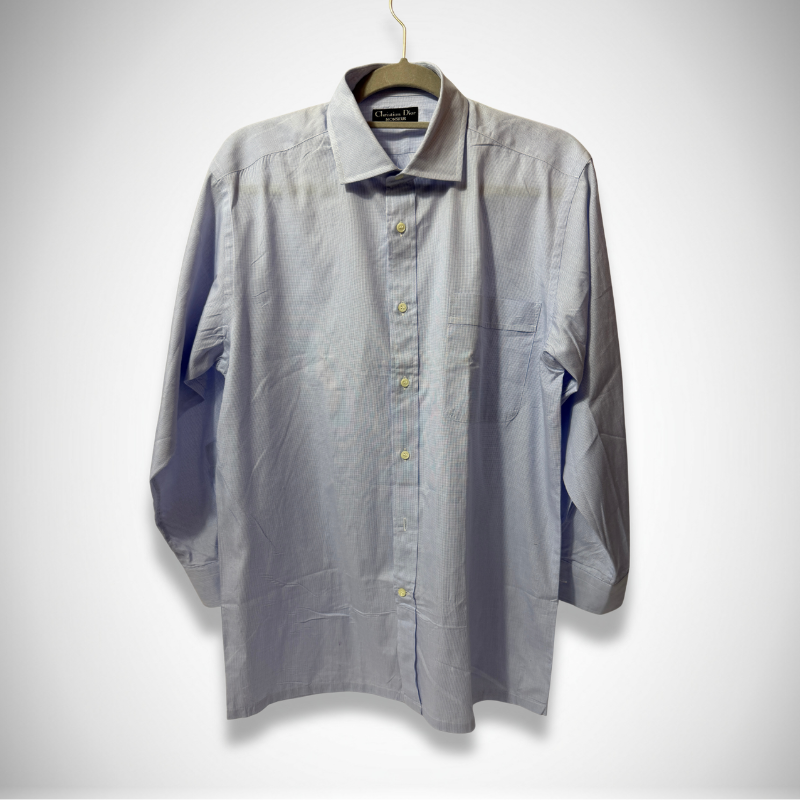 Christian Dior Vintage Monsieur Long-Sleeve Fine Stripe Dress Shirt in Light Blue