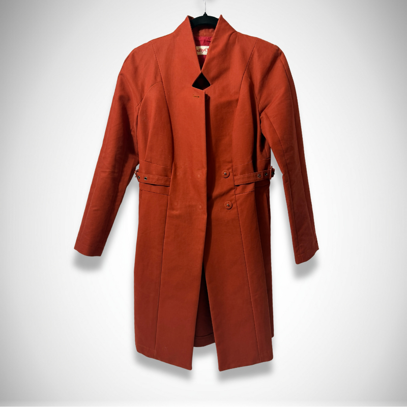 See by Chloé Rare Vintage Cut-Out High-Neck Double-Breasted Cotton Trench Coat in Rust Terracotta