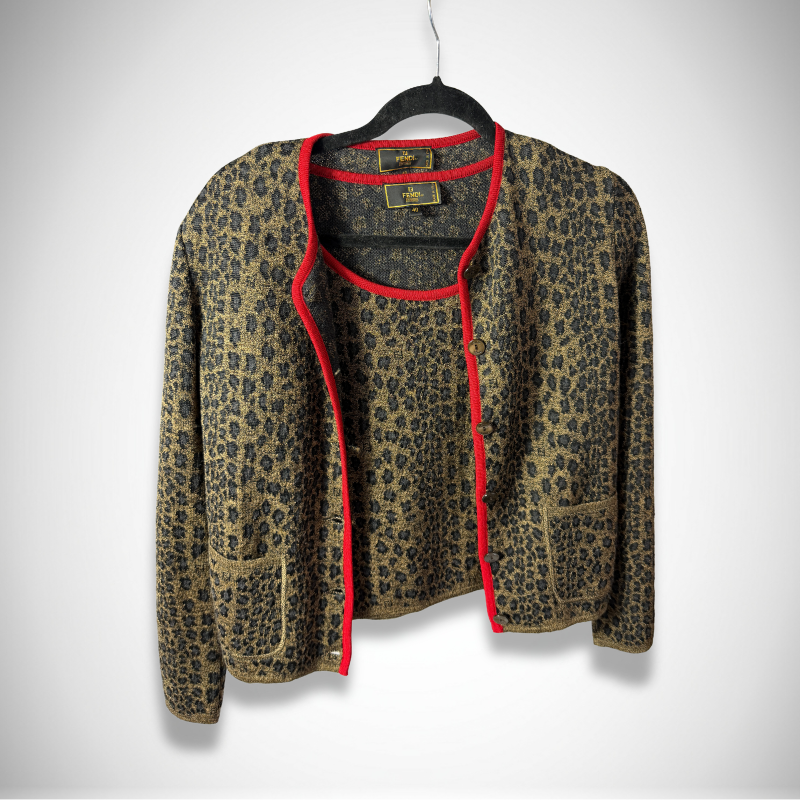 Fendi Vintage Maglia Leopard Metallic Knit Twin Set Cardigan & Shell Top