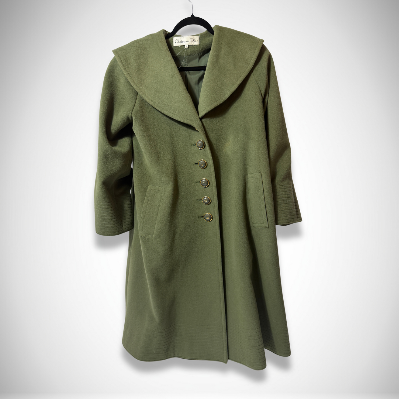 Christian Dior Vintage Olive Green Wool Shawl Collar Coat with CD Logo Buttons