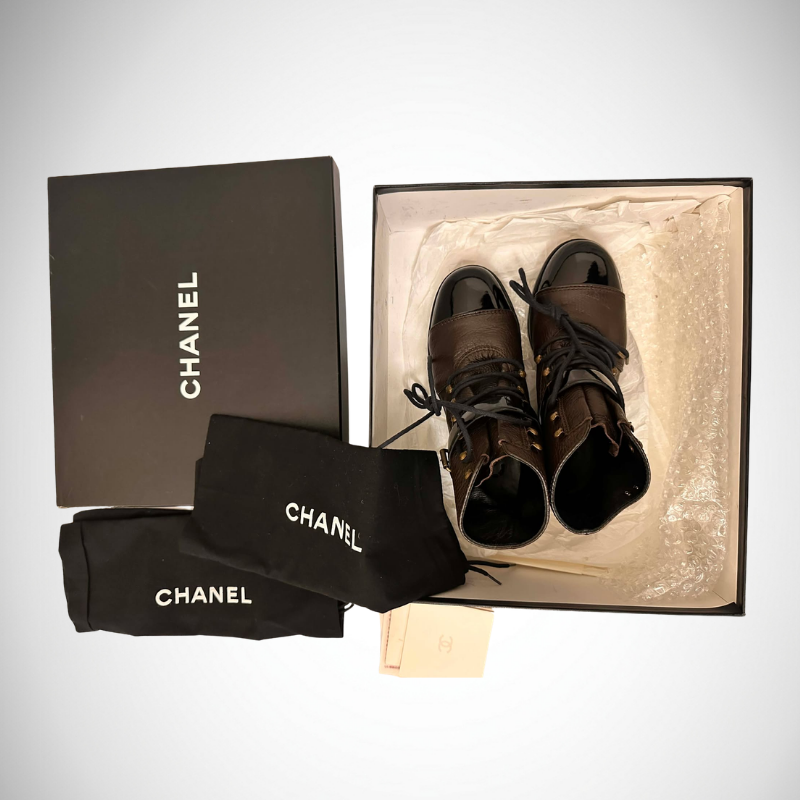 Chanel Grained Leather Patent Cap-Toe Combat Ankle Boots