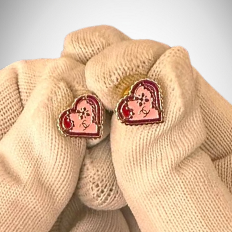 Chanel Vintage CC Clover Enamel Scalloped Heart Stud Earrings