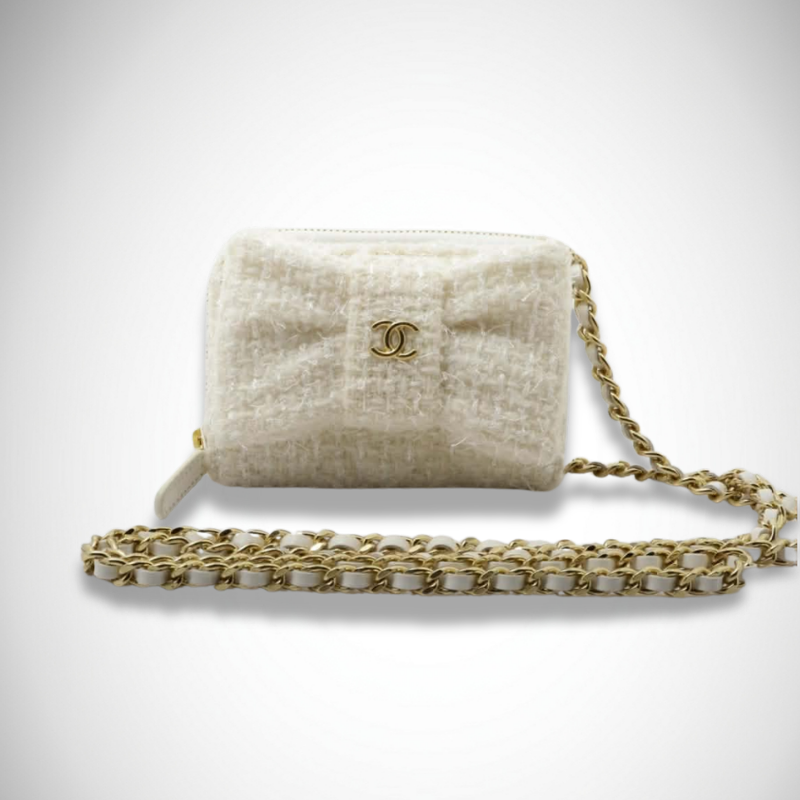 Chanel Beauté Rare VIP Wallet on Chain Bow White Tweed Gold Hardware