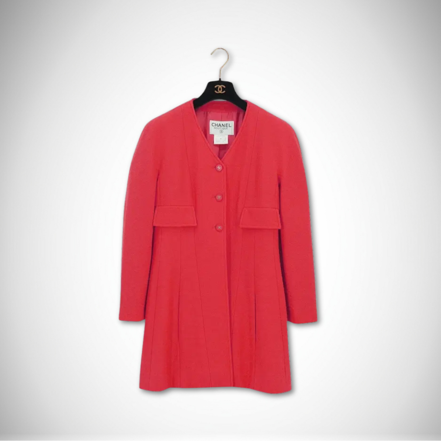 Chanel Vintage Red Wool Coco Button Tweed Coat 1996 (Size 40)