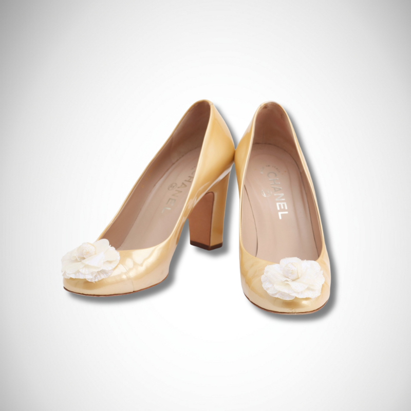 Chanel Camellia Cap Toe Block Heel Pumps