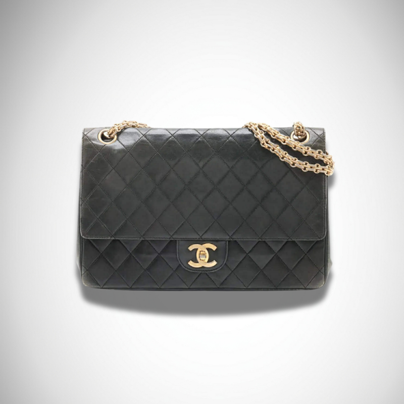 Chanel Matelassé Lambskin Double Flap Double Chain Bag Black Gold Metal Fittings