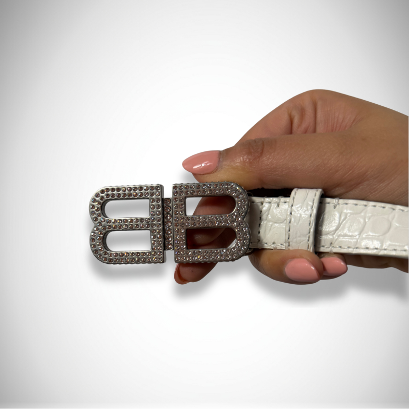 Balenciaga BB Crystal Buckle White Croc-Embossed Thin Leather Belt