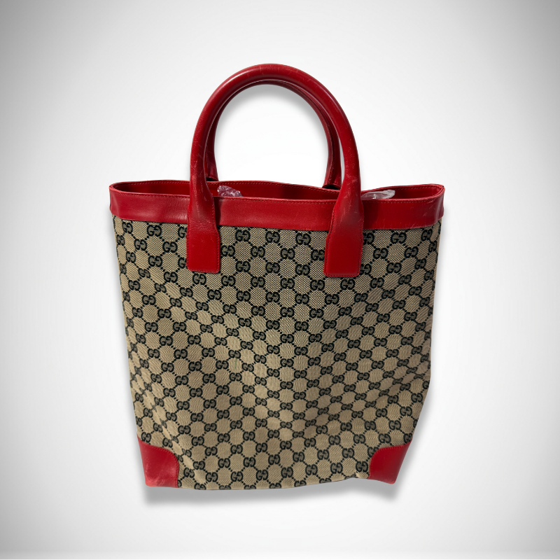 Gucci Vintage GG Supreme Canvas Tote Bag with Red Leather Trim