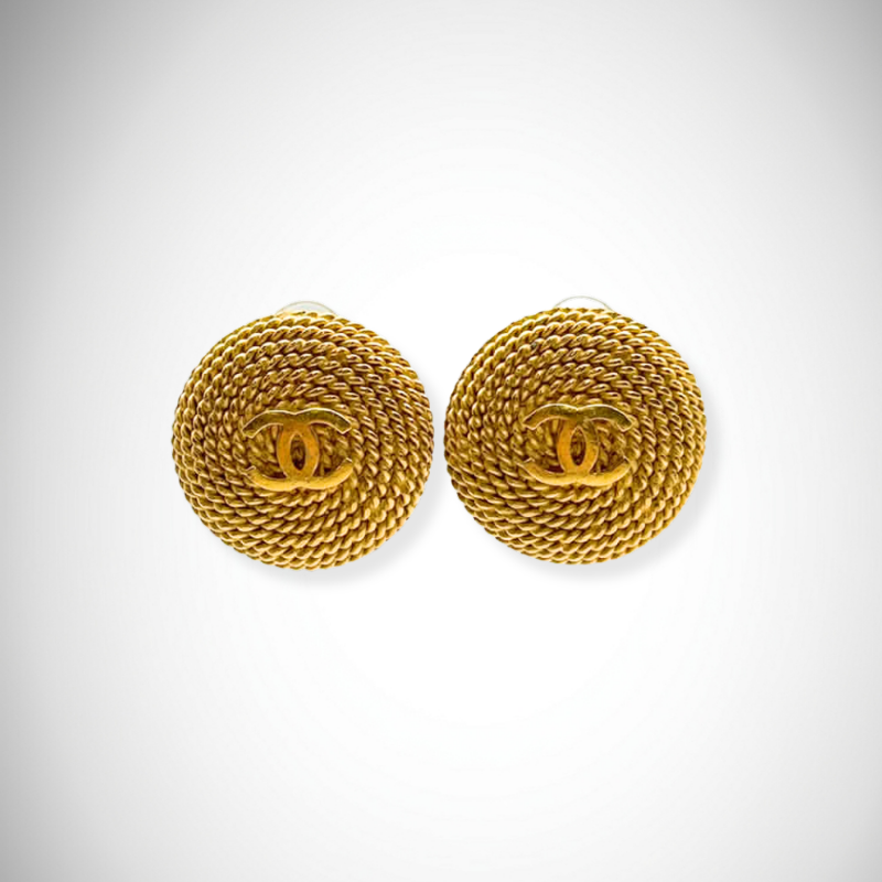 Chanel Vintage Archival CC Rope Motif Gold-tone Round Clip-on Stud Earrings
