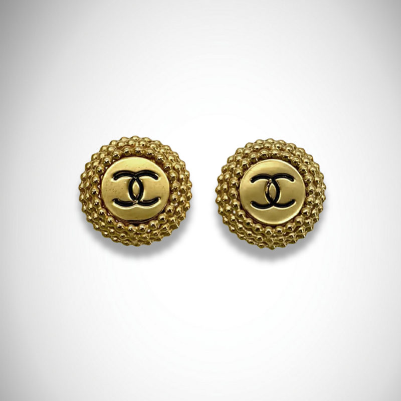 Chanel Vintage Textured CC Gold Tone Round Clip On Stud Earrings